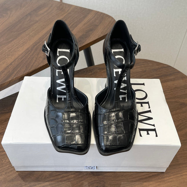 LOEWE 26S ONDA 90MM T-STRAP HIGH-HEEL SHOES IN BLACK EMBOSSED CROCODILE CALFSKIN
