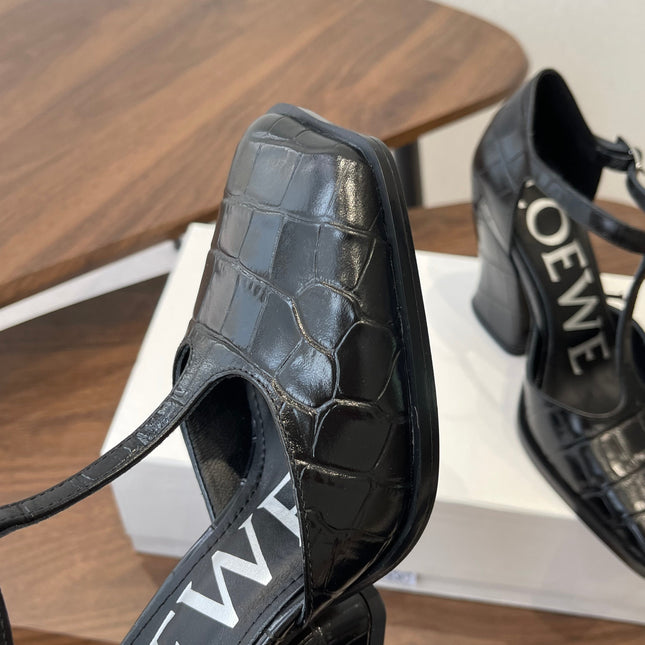 LOEWE 26S ONDA 90MM T-STRAP HIGH-HEEL SHOES IN BLACK EMBOSSED CROCODILE CALFSKIN