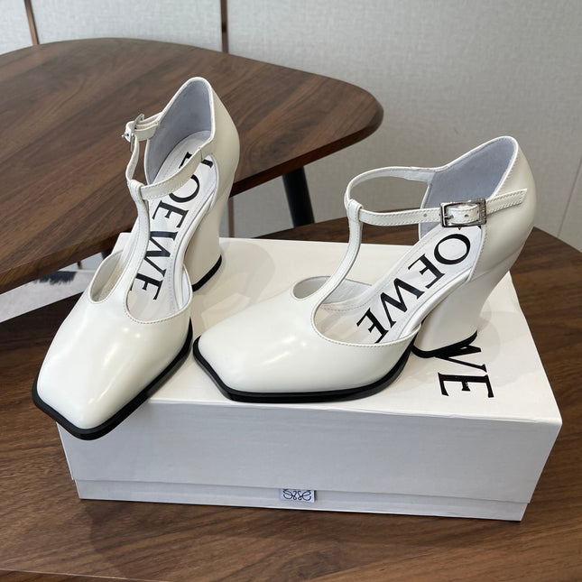 LOEWE 26S ONDA 90MM T-STRAP HIGH-HEEL SHOES IN WHITE GLOSSY CALFSKIN