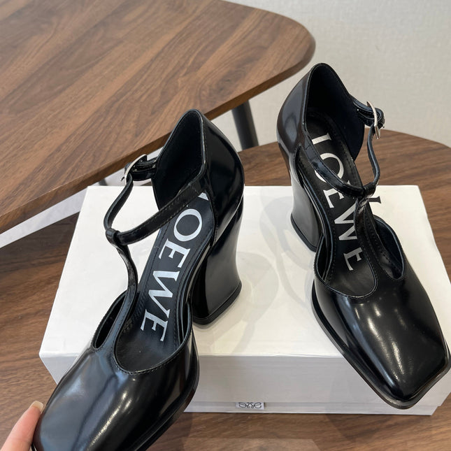 LOEWE 26S ONDA 90MM T-STRAP HIGH-HEEL SHOES IN BLACK GLOSSY CALFSKIN