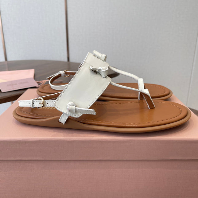 MIUMIU 26S FLIP FLOPS IN WHITE AND TAN BROWN CALFSKIN