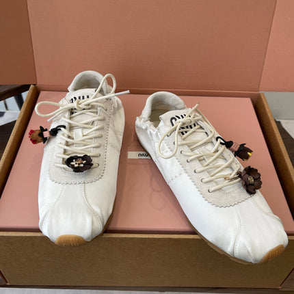MIUMIU 26S SNEAKERS IN IVORY WHITE PLUME SATIN