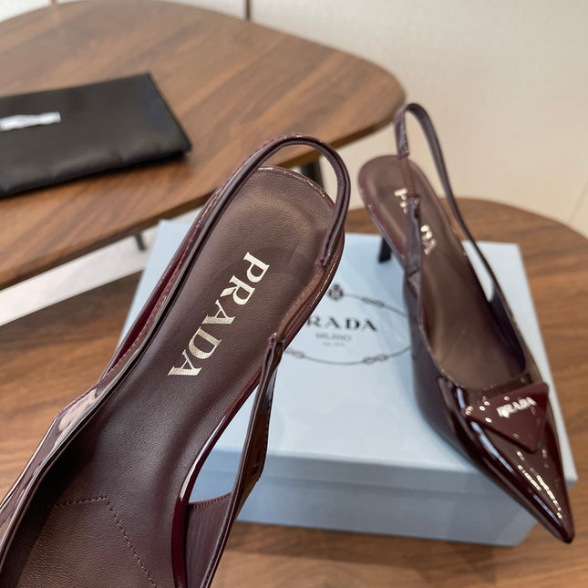 PRADA 26S SLINGBACK PUMPS 75MM IN BURNT BROWN PATENT CALFSKIN WITH LOGO