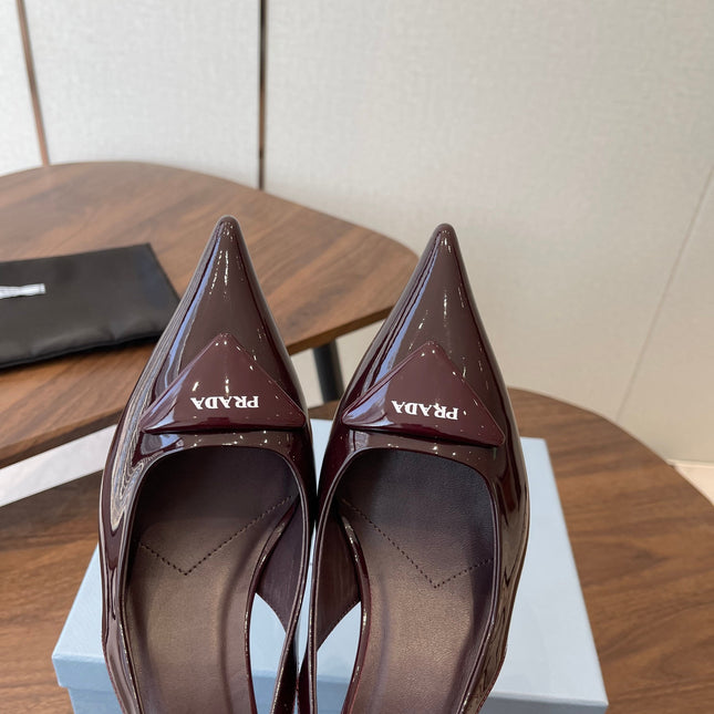 PRADA 26S SLINGBACK PUMPS 75MM IN BURNT BROWN PATENT CALFSKIN WITH LOGO