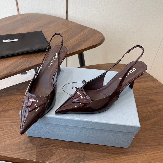 PRADA 26S SLINGBACK PUMPS 75MM IN BURNT BROWN PATENT CALFSKIN WITH LOGO