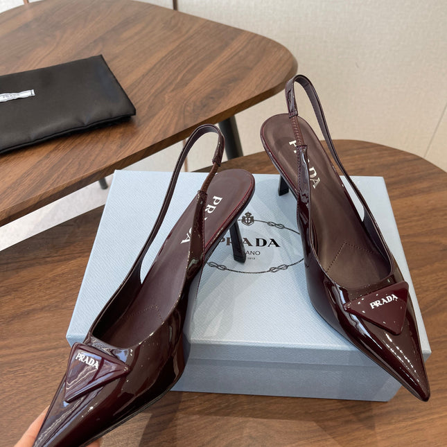PRADA 26S SLINGBACK PUMPS 75MM IN BURNT BROWN PATENT CALFSKIN WITH LOGO