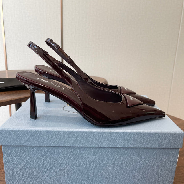 PRADA 26S SLINGBACK PUMPS 75MM IN BURNT BROWN PATENT CALFSKIN WITH LOGO