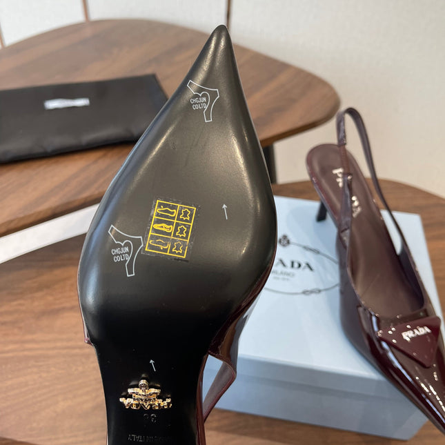 PRADA 26S SLINGBACK PUMPS 75MM IN BURNT BROWN PATENT CALFSKIN WITH LOGO