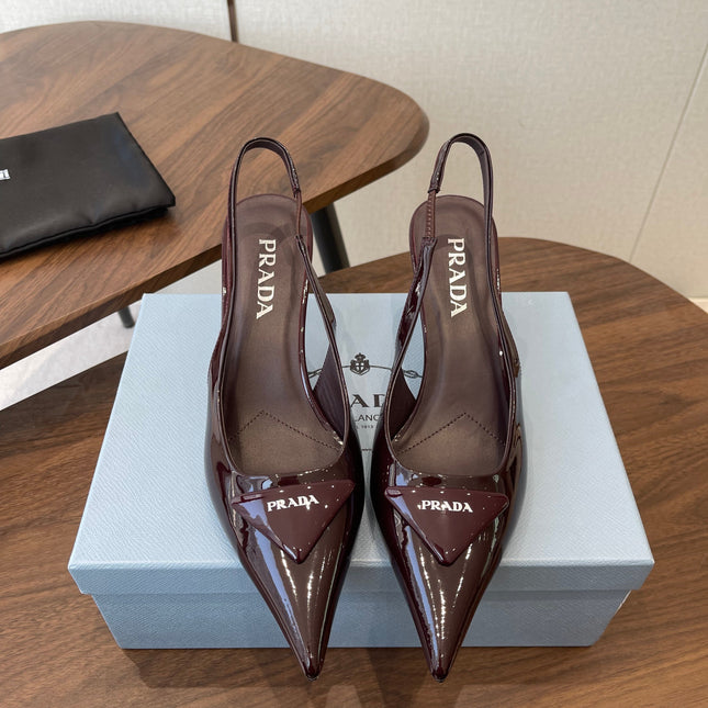 PRADA 26S SLINGBACK PUMPS 75MM IN BURNT BROWN PATENT CALFSKIN WITH LOGO