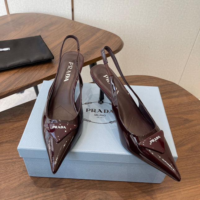 PRADA 26S SLINGBACK PUMPS 75MM IN BURNT BROWN PATENT CALFSKIN WITH LOGO