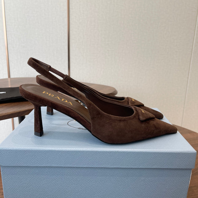PRADA 26S SLINGBACK PUMPS 75MM IN DARK BROWN SUEDE WITH LOGO