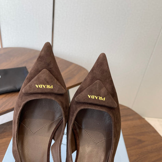 PRADA 26S SLINGBACK PUMPS 75MM IN DARK BROWN SUEDE WITH LOGO