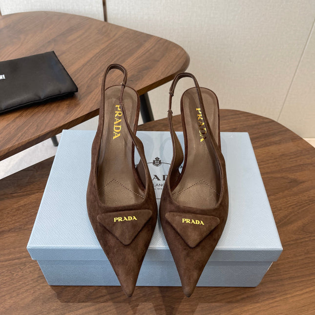 PRADA 26S SLINGBACK PUMPS 75MM IN DARK BROWN SUEDE WITH LOGO