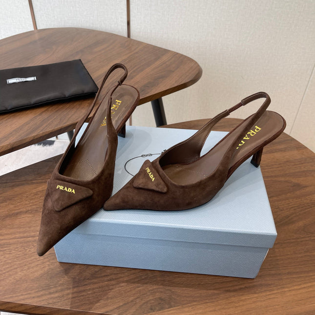 PRADA 26S SLINGBACK PUMPS 75MM IN DARK BROWN SUEDE WITH LOGO