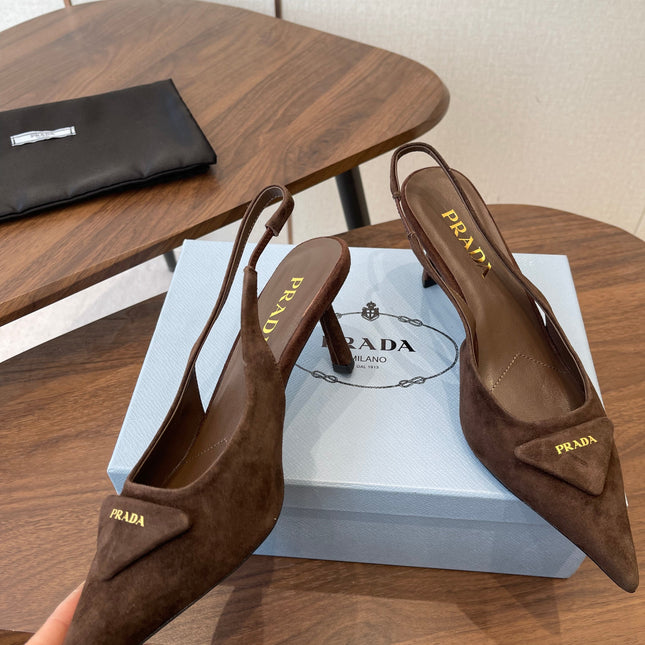 PRADA 26S SLINGBACK PUMPS 75MM IN DARK BROWN SUEDE WITH LOGO