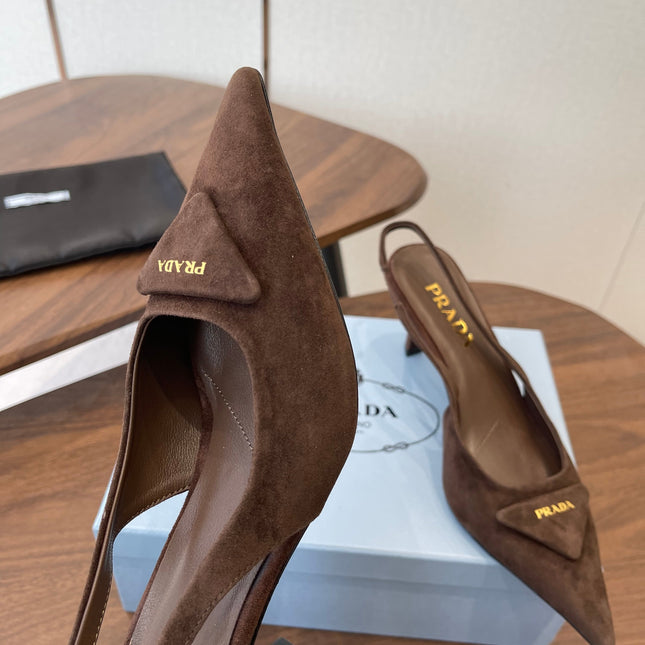 PRADA 26S SLINGBACK PUMPS 75MM IN DARK BROWN SUEDE WITH LOGO