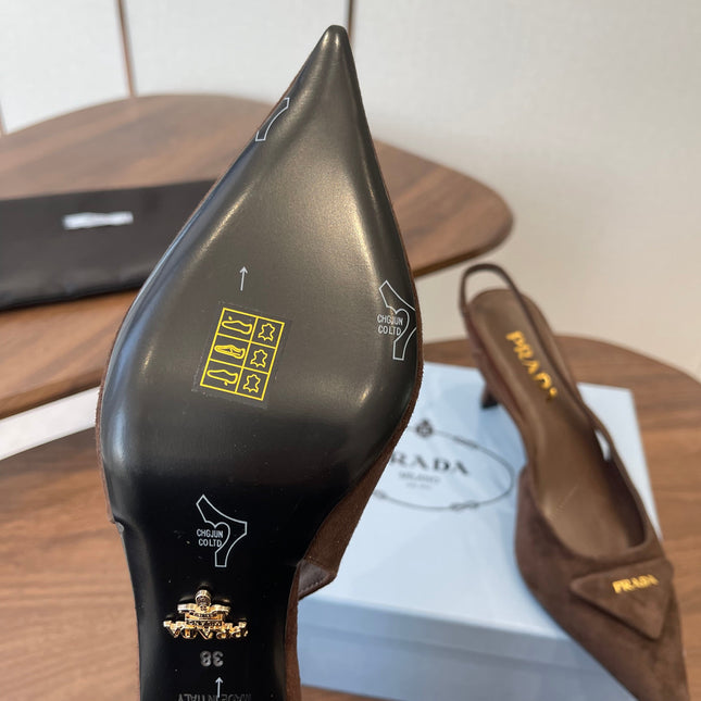 PRADA 26S SLINGBACK PUMPS 75MM IN DARK BROWN SUEDE WITH LOGO