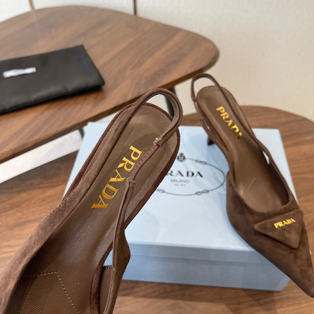 PRADA 26S SLINGBACK PUMPS 75MM IN DARK BROWN SUEDE WITH LOGO