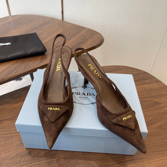 PRADA 26S SLINGBACK PUMPS 75MM IN DARK BROWN SUEDE WITH LOGO
