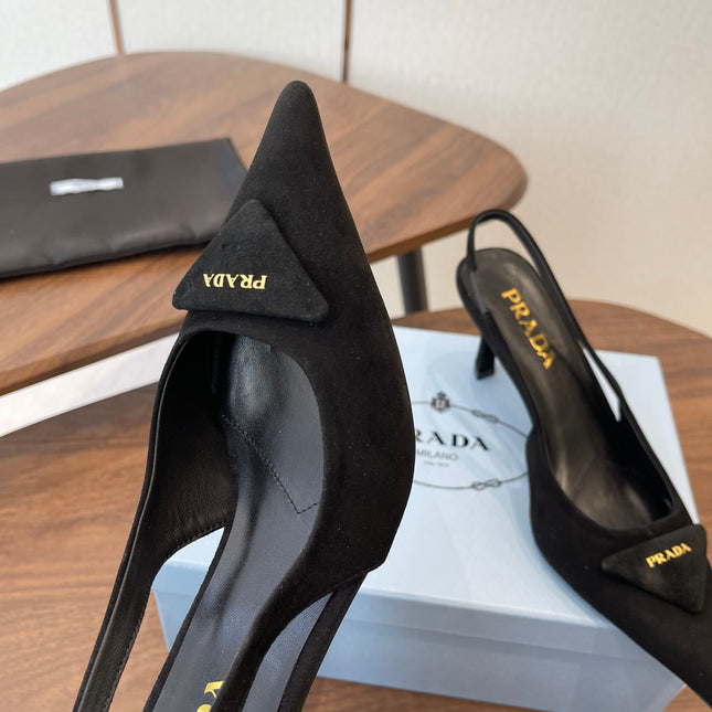 PRADA 26S SLINGBACK PUMPS 75MM IN BLACK SUEDE WITH LOGO