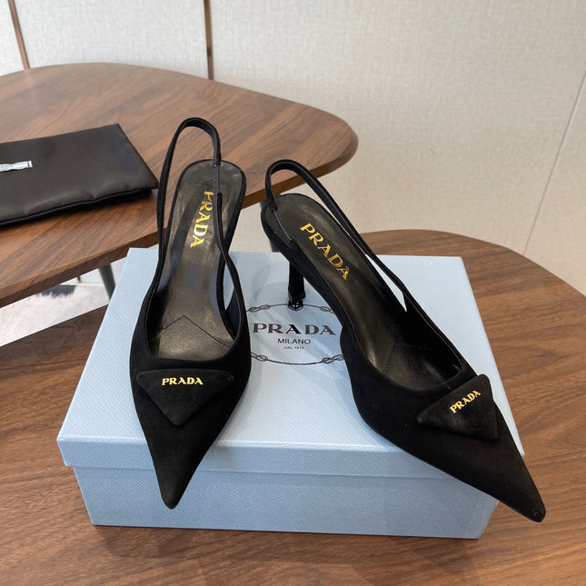 PRADA 26S SLINGBACK PUMPS 75MM IN BLACK SUEDE WITH LOGO