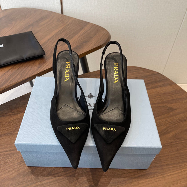 PRADA 26S SLINGBACK PUMPS 75MM IN BLACK SUEDE WITH LOGO