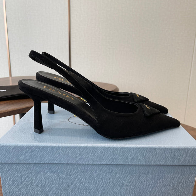 PRADA 26S SLINGBACK PUMPS 75MM IN BLACK SUEDE WITH LOGO