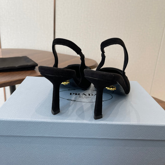 PRADA 26S SLINGBACK PUMPS 75MM IN BLACK SUEDE WITH LOGO