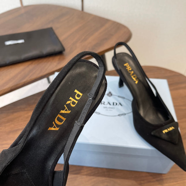 PRADA 26S SLINGBACK PUMPS 75MM IN BLACK SUEDE WITH LOGO