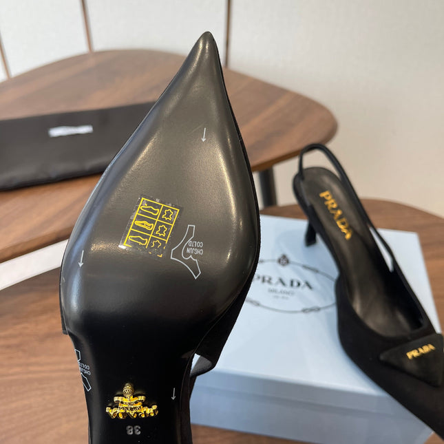 PRADA 26S SLINGBACK PUMPS 75MM IN BLACK SUEDE WITH LOGO
