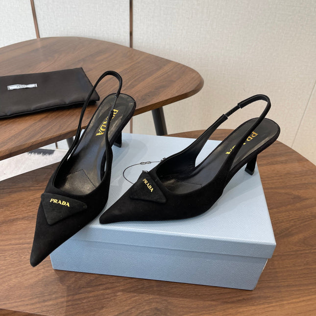 PRADA 26S SLINGBACK PUMPS 75MM IN BLACK SUEDE WITH LOGO