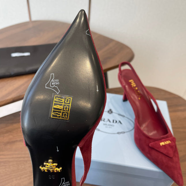 PRADA 26S SLINGBACK PUMPS 75MM IN BURGUNDY RED SUEDE WITH LOGO
