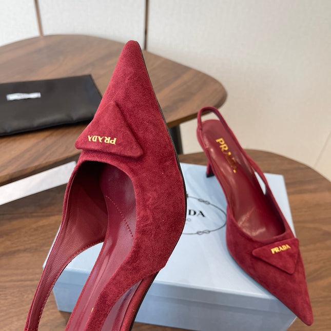 PRADA 26S SLINGBACK PUMPS 75MM IN BURGUNDY RED SUEDE WITH LOGO