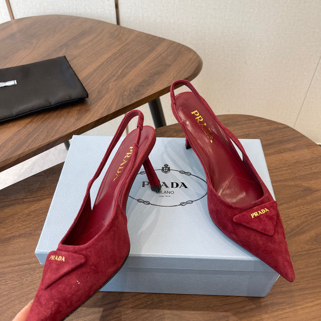 PRADA 26S SLINGBACK PUMPS 75MM IN BURGUNDY RED SUEDE WITH LOGO