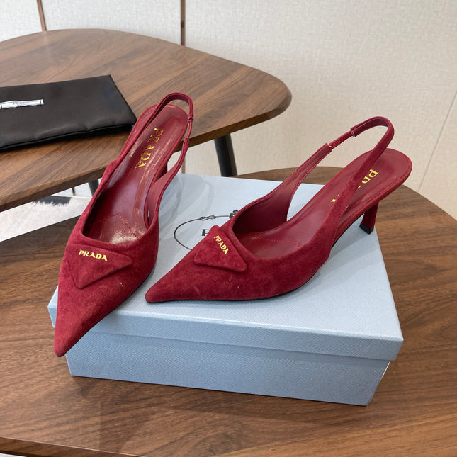 PRADA 26S SLINGBACK PUMPS 75MM IN BURGUNDY RED SUEDE WITH LOGO