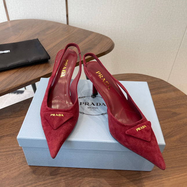 PRADA 26S SLINGBACK PUMPS 75MM IN BURGUNDY RED SUEDE WITH LOGO