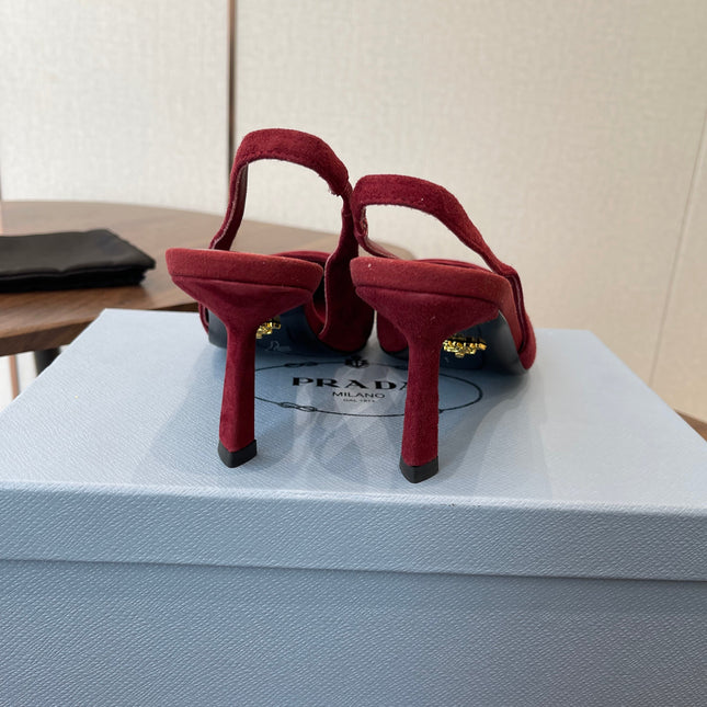 PRADA 26S SLINGBACK PUMPS 75MM IN BURGUNDY RED SUEDE WITH LOGO