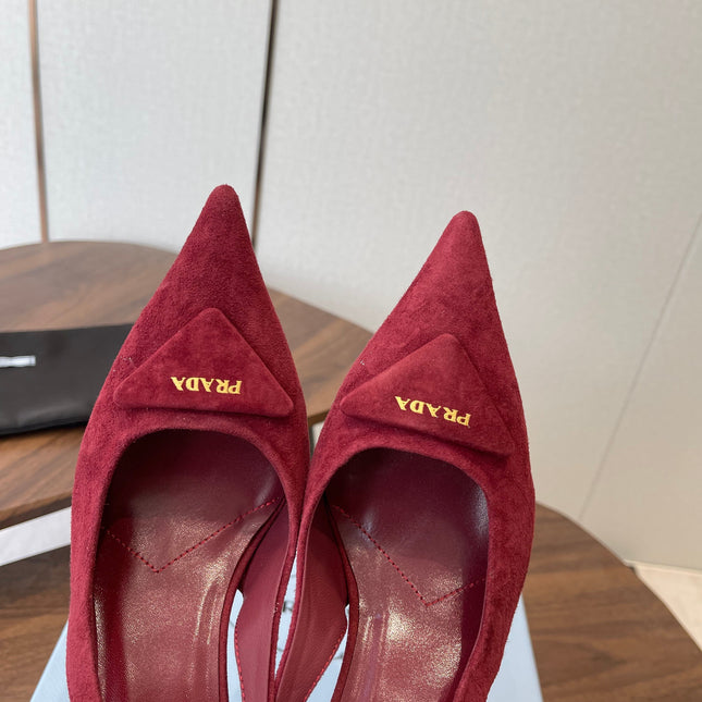 PRADA 26S SLINGBACK PUMPS 75MM IN BURGUNDY RED SUEDE WITH LOGO
