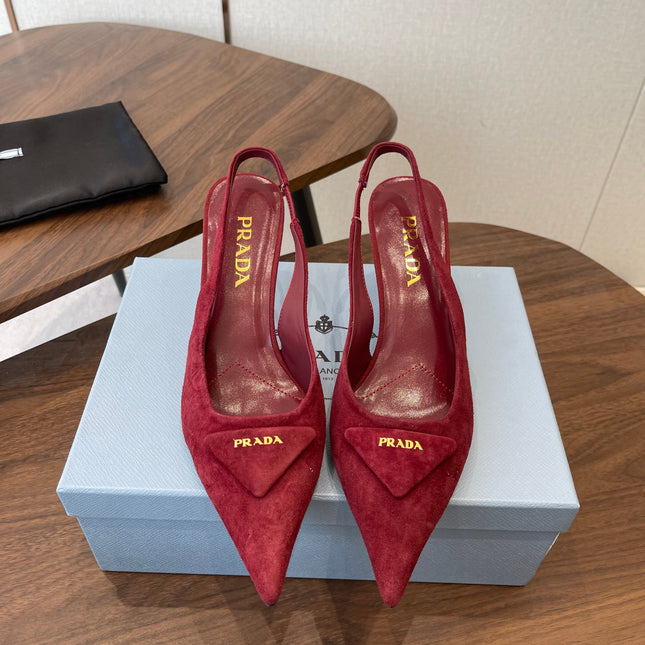 PRADA 26S SLINGBACK PUMPS 75MM IN BURGUNDY RED SUEDE WITH LOGO