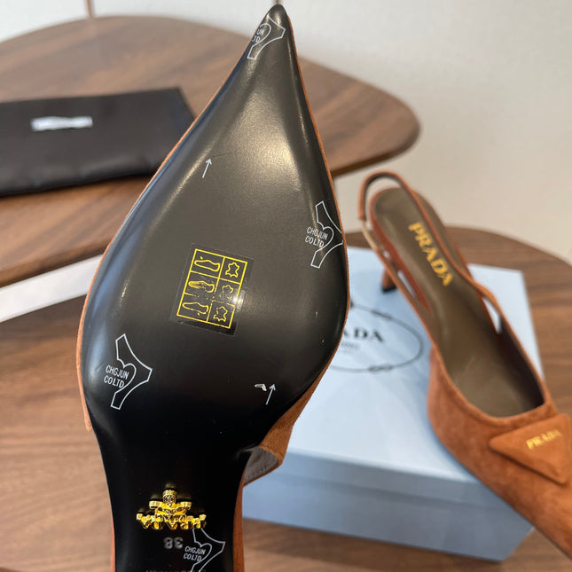 PRADA 26S SLINGBACK PUMPS 75MM IN CARAMEL BROWN SUEDE WITH LOGO