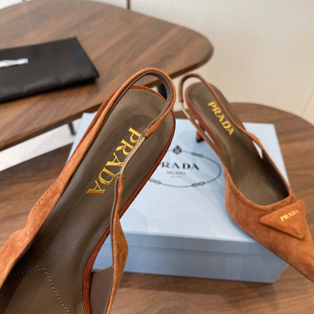 PRADA 26S SLINGBACK PUMPS 75MM IN CARAMEL BROWN SUEDE WITH LOGO