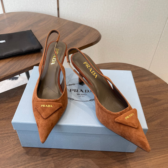 PRADA 26S SLINGBACK PUMPS 75MM IN CARAMEL BROWN SUEDE WITH LOGO