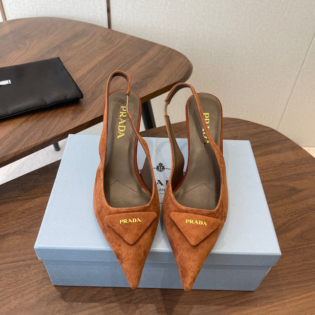 PRADA 26S SLINGBACK PUMPS 75MM IN CARAMEL BROWN SUEDE WITH LOGO
