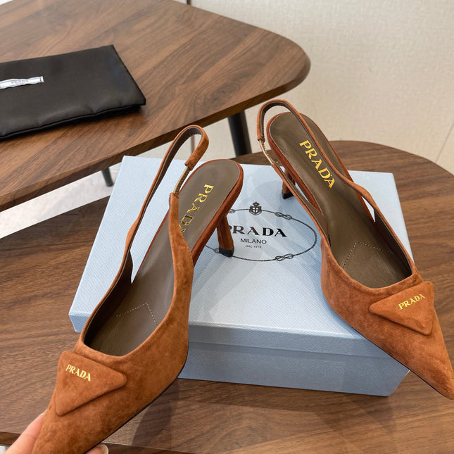 PRADA 26S SLINGBACK PUMPS 75MM IN CARAMEL BROWN SUEDE WITH LOGO