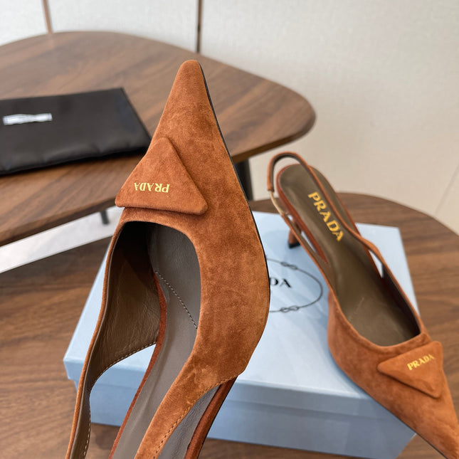 PRADA 26S SLINGBACK PUMPS 75MM IN CARAMEL BROWN SUEDE WITH LOGO