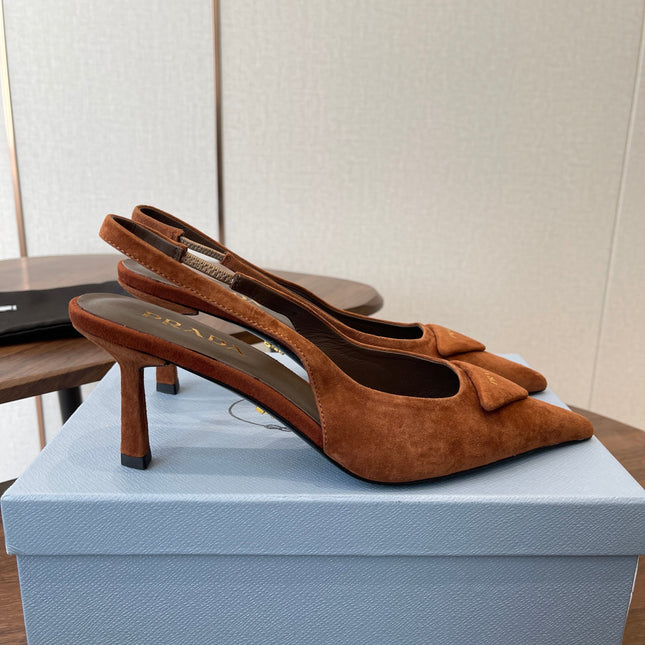 PRADA 26S SLINGBACK PUMPS 75MM IN CARAMEL BROWN SUEDE WITH LOGO