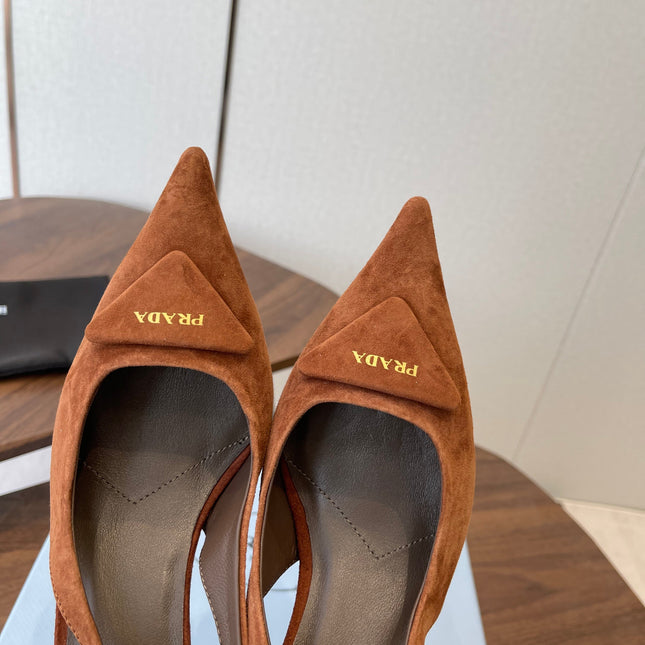 PRADA 26S SLINGBACK PUMPS 75MM IN CARAMEL BROWN SUEDE WITH LOGO