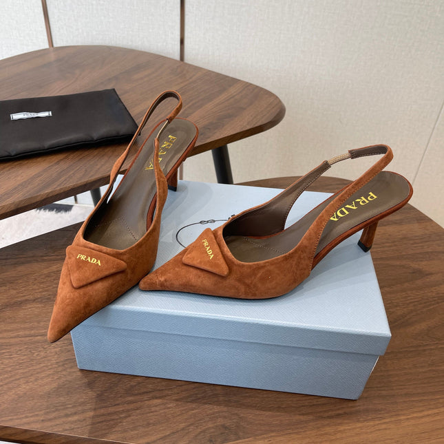 PRADA 26S SLINGBACK PUMPS 75MM IN CARAMEL BROWN SUEDE WITH LOGO