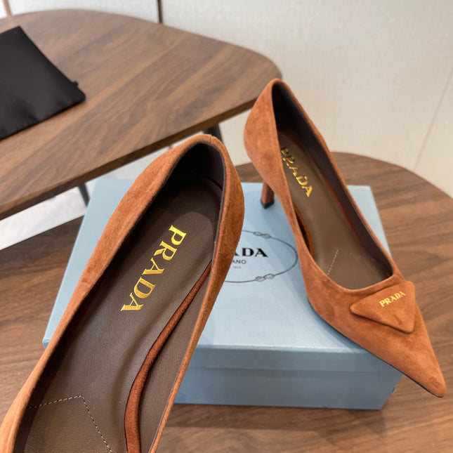 PRADA 26S POINTED TOE HIGH HEELS 75MM IN CARAMEL BROWN SUEDE WITH LOGO