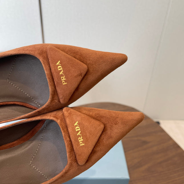PRADA 26S POINTED TOE HIGH HEELS 75MM IN CARAMEL BROWN SUEDE WITH LOGO